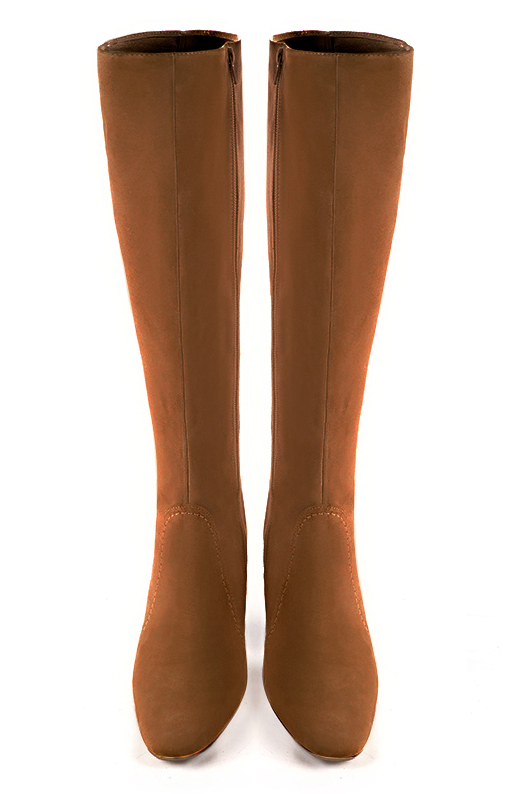 Caramel brown women's feminine knee-high boots. Round toe. High block heels. Made to measure. Top view - Florence KOOIJMAN